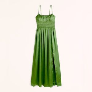 Abercrombie Smocked Bodice Satin Maxi Dress / Size L / Green